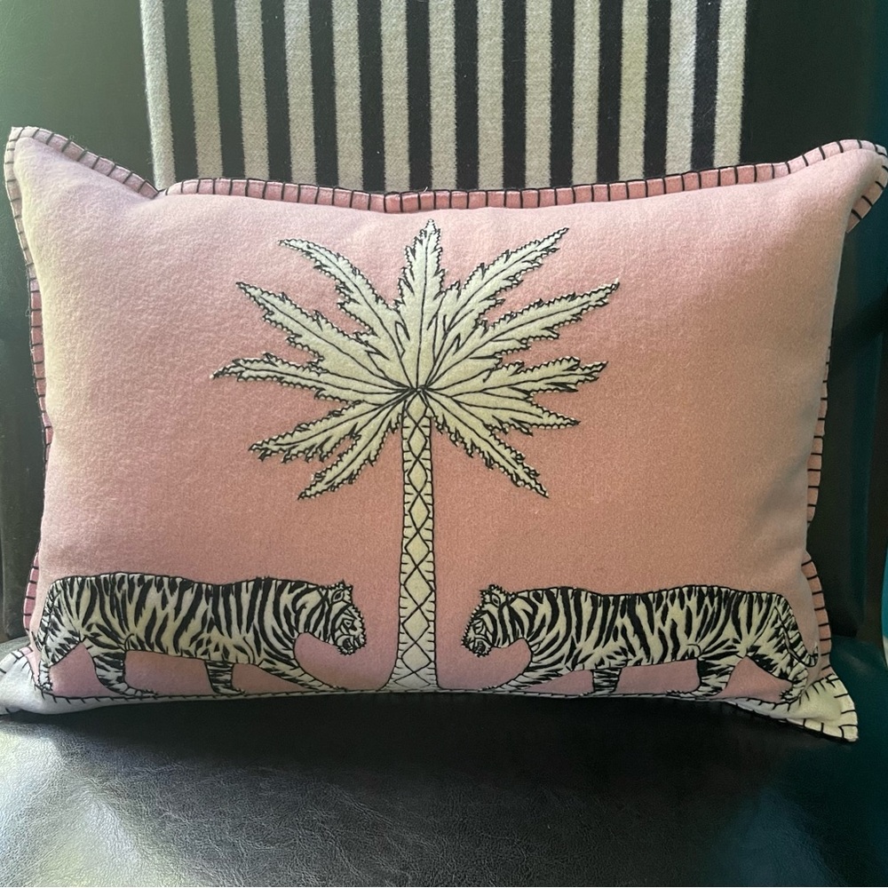 Jan Constantine Handmade Felt Tiger & Palm Tree Decor Pillow Made in England